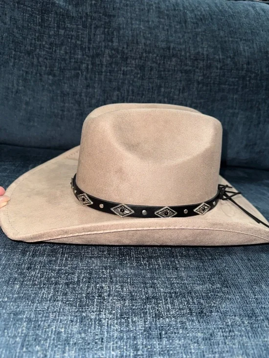 Suede Western Fedora Hat in Taupe with Studded Band - Picture 6 of 12